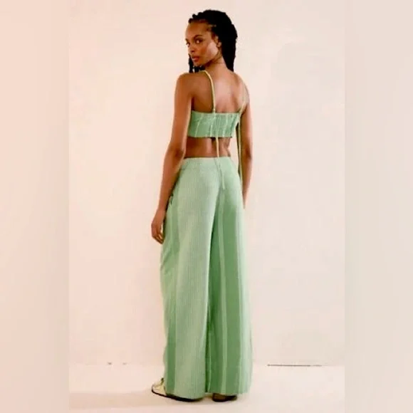 FREE PEOPLE SET Casual Friday Green Stripe Pants & Tank Top - Picture 3 of 16